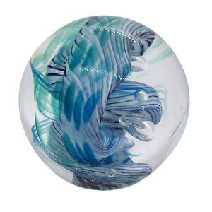 Handmade blown glass paperweight signed Williams 1999 blue green